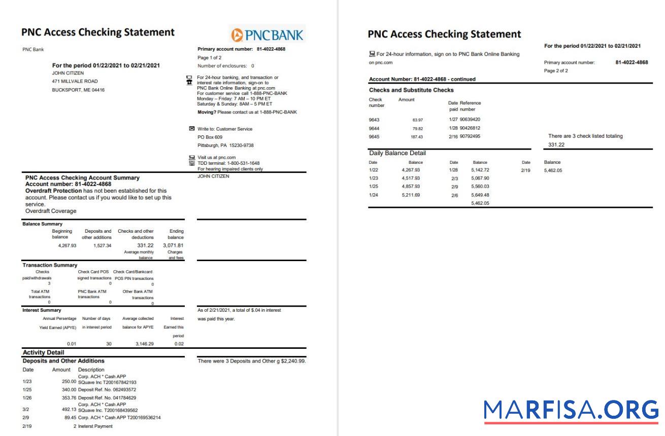 Printable USA PNC bank statement 2 pages excel real example
